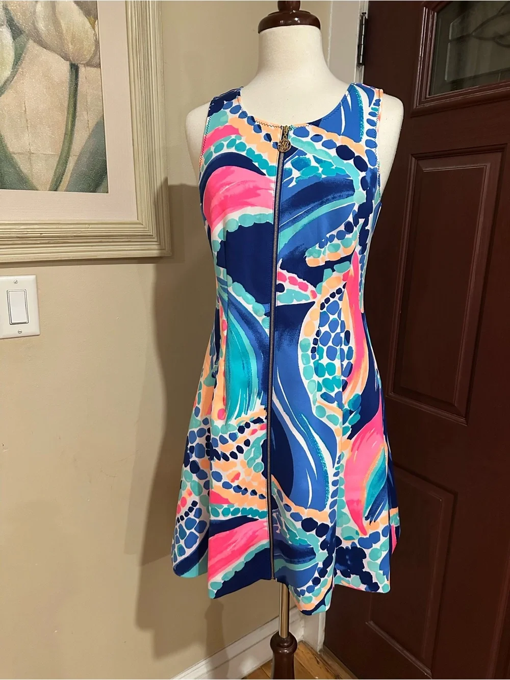 Lilly Pulitzer Ocean Jewels Neon Sally Scuba Knit Zip Fit & Flare Dress Medium